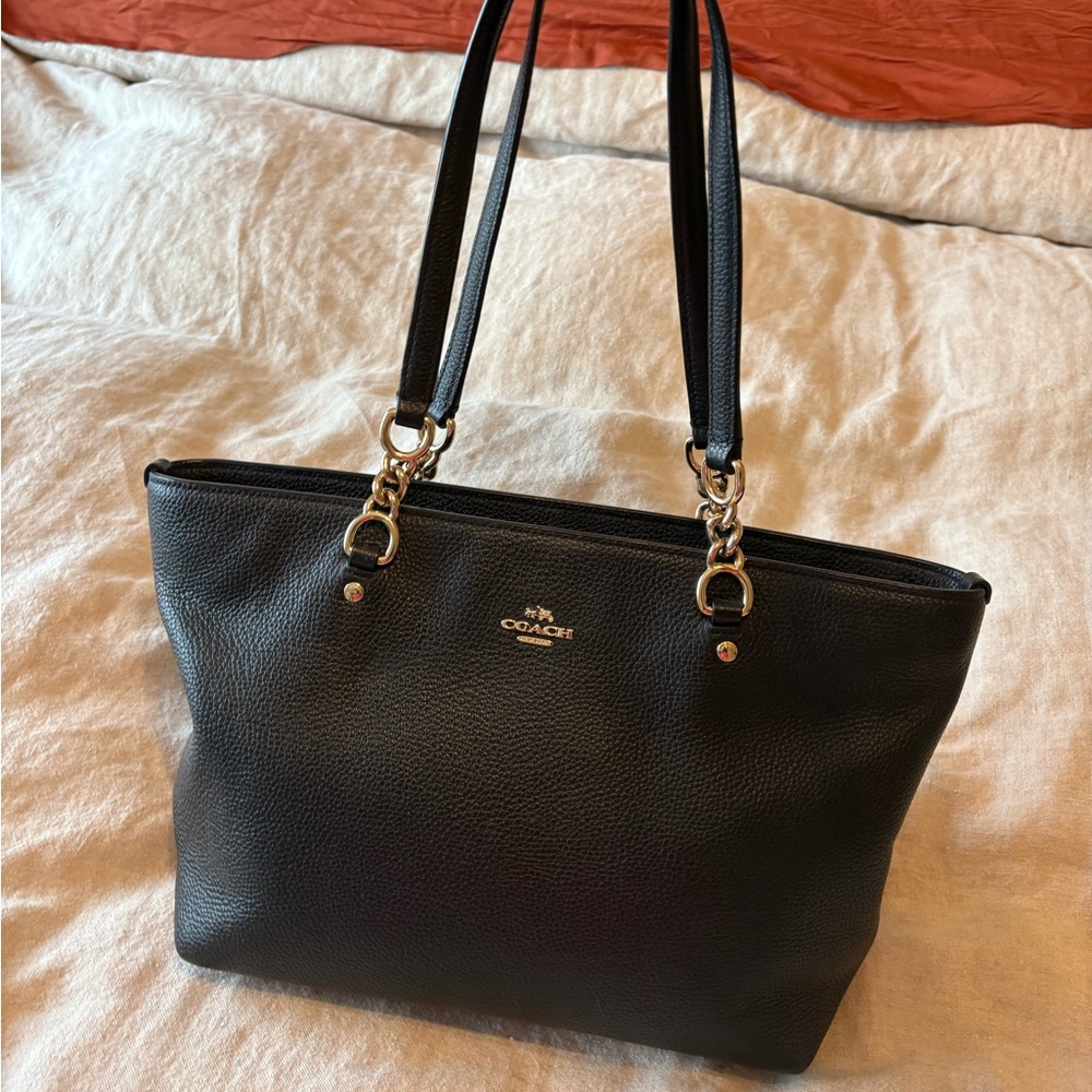 Coach Black Leather Tote with Gold Hardware